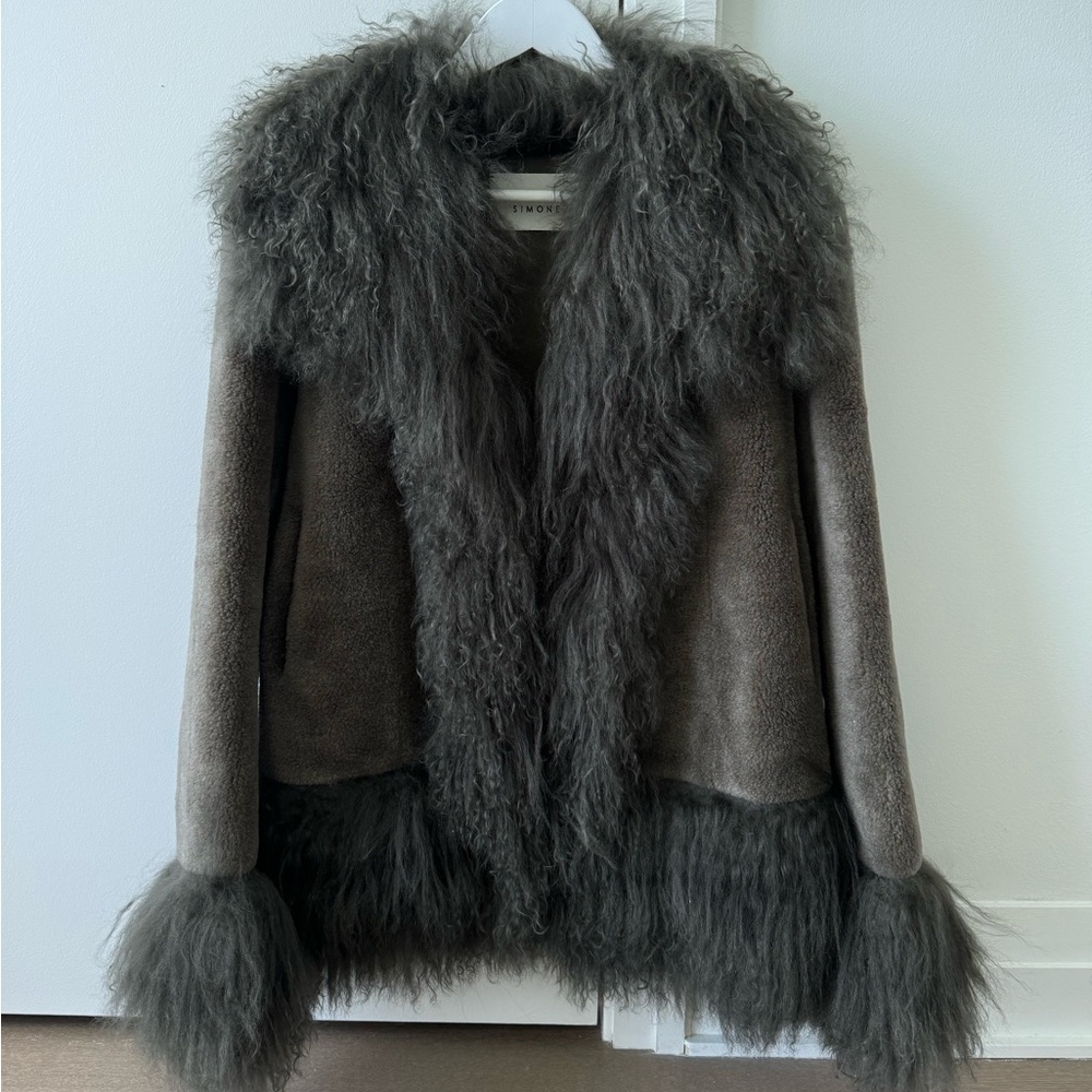 CHARLOTTE SIMONE olive gray Shearling Coat with Mongolian Fur Trim
